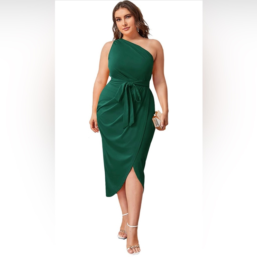 MakeMeChic Green Plus Size One Shoulder Belted Wrap High Waist Midi Dress 4X NWT